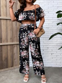 SHEIN Holidaya Plus Floral Print Off Shoulder Crop Top & Wide Leg Trousers - Multicolor - View 5