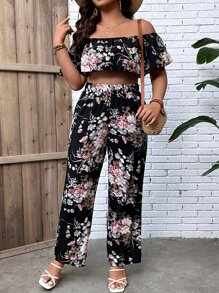 SHEIN Holidaya Plus Floral Print Off Shoulder Crop Top & Wide Leg Trousers - Multicolor - View 6