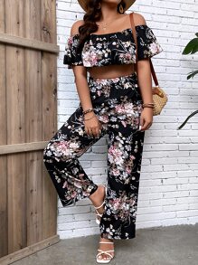 SHEIN Holidaya Plus Floral Print Off Shoulder Crop Top & Wide Leg Trousers - Multicolor - View 7
