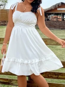 SHEIN Holidaya Vestido de tirantes de hombros con cordón ribete con fruncido - Blanco - Ver 2