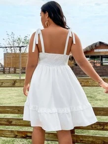 SHEIN Holidaya Vestido de tirantes de hombros con cordón ribete con fruncido - Blanco - Ver 3