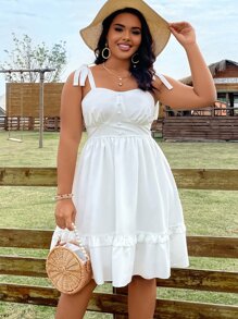 SHEIN Holidaya Vestido de tirantes de hombros con cordón ribete con fruncido - Blanco - Ver 4