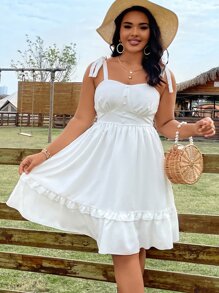 SHEIN Holidaya Vestido de tirantes de hombros con cordón ribete con fruncido - Blanco - Ver 5