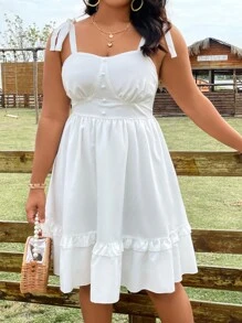 SHEIN Holidaya Vestido de tirantes de hombros con cordón ribete con fruncido - Blanco - Ver 6