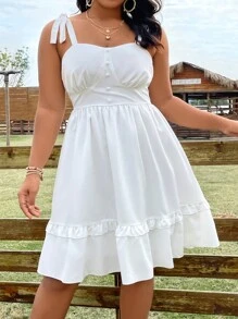 SHEIN Holidaya Vestido de tirantes de hombros con cordón ribete con fruncido - Blanco - Ver 7