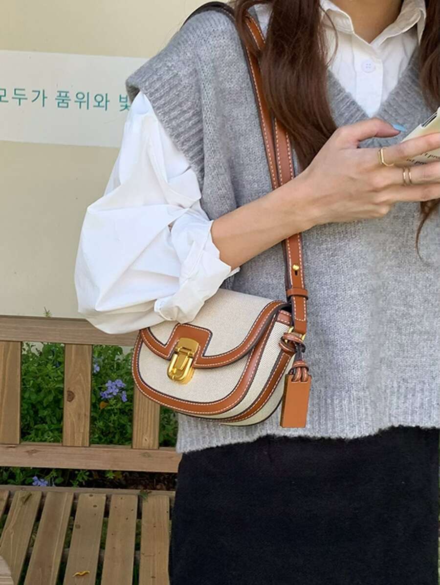 迷你雙色翻蓋馬鞍包女式PU小斜挎包2023拼接別緻單肩包帶可調節肩帶時尚手提包 - 棕色 - 查看 1