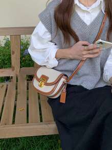 迷你雙色翻蓋馬鞍包女式PU小斜挎包2023拼接別緻單肩包帶可調節肩帶時尚手提包 - 棕色 - 查看 2