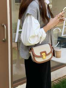 迷你雙色翻蓋馬鞍包女式PU小斜挎包2023拼接別緻單肩包帶可調節肩帶時尚手提包 - 棕色 - 查看 5