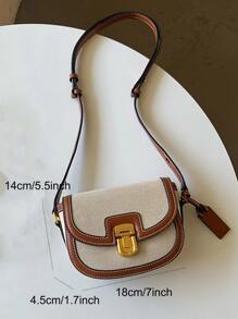 迷你雙色翻蓋馬鞍包女式PU小斜挎包2023拼接別緻單肩包帶可調節肩帶時尚手提包 - 棕色 - 查看 6