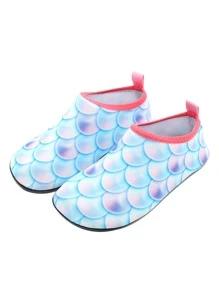 Sporty Blue Aqua Socks For Girls, Colorblock Fish Scale Pattern Water Shoes - Multicolor - View 3