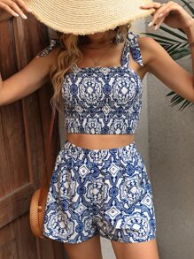 Breezaya 滿版印花肩上打結吊帶背心和短褲 - 藍白色 - 查看 4