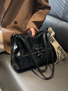 字母圖案單肩托特包 - 黑色 - 查看 1