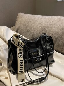 字母圖案單肩托特包 - 黑色 - 查看 7