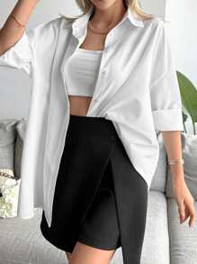 Cottnline Cotton Women's Solid Color Loose Long Sleeve Drop Shoulder Shirt