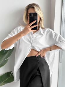 Cottnline Cotton Women's Solid Color Loose Long Sleeve Drop Shoulder Shirt