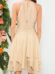 SHEIN Belle 1入組抽褶腰不對稱下擺伴娘連衣裙 - 杏色 - 查看 4