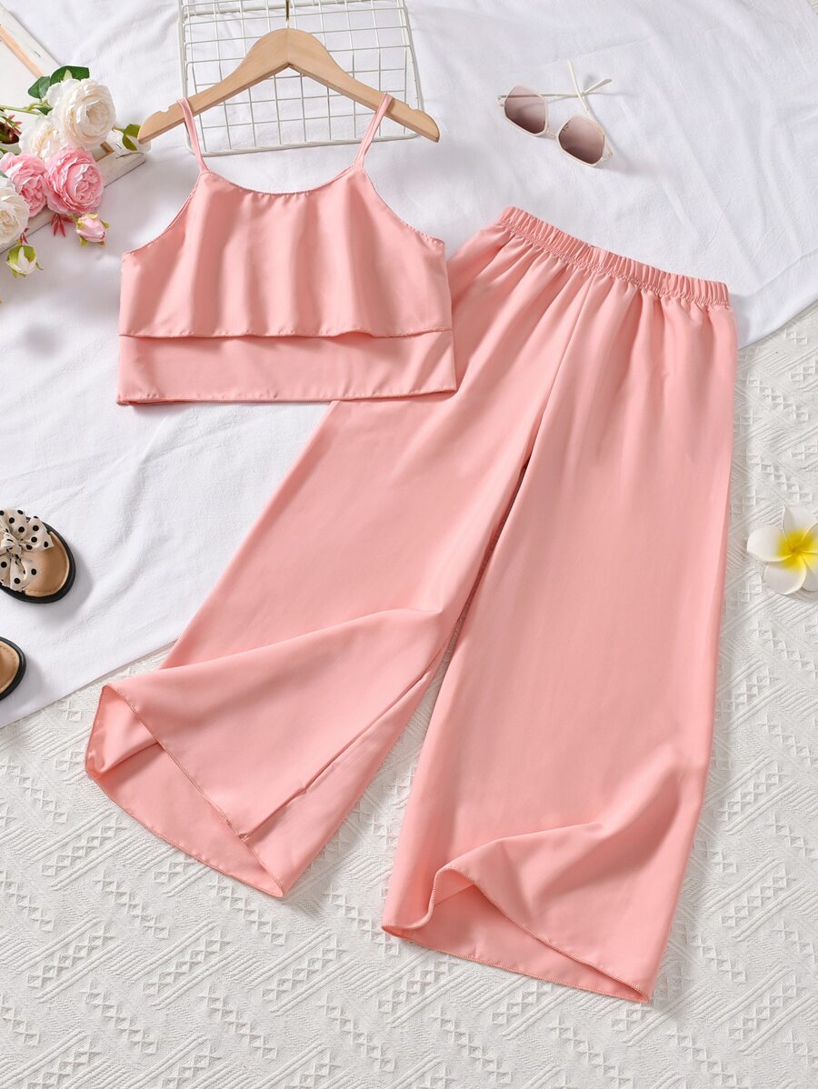 SHEIN 女孩荷葉邊吊帶上衣和闊腿褲 - 淺粉色 - 查看 1