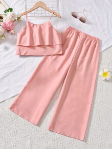SHEIN 女孩荷葉邊吊帶上衣和闊腿褲 - 淺粉色 - 查看 2