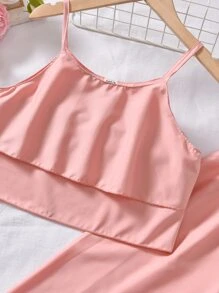SHEIN 女孩荷葉邊吊帶上衣和闊腿褲 - 淺粉色 - 查看 5