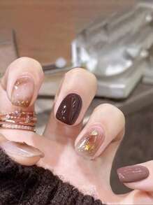 用24入組短方形棕色污跡亮片漸變色假指甲和1入組指甲銼和1張指甲膠帶改變您指甲 - 彩色 - 查看 1