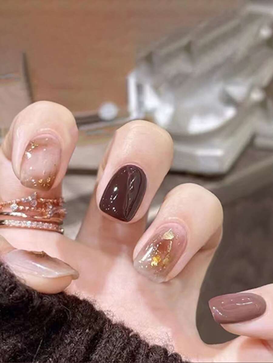 用24入組短方形棕色污跡亮片漸變色假指甲和1入組指甲銼和1張指甲膠帶改變您指甲 - 彩色 - 查看 1