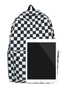 棋盘图案休闲背包，适合大学生，男女通用 - 彩色 - 查看 3