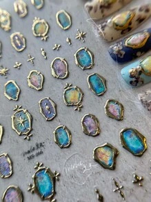 1 张 5D 浮雕闪亮宝石贴纸指甲装饰不对称金色边框滑块 DIY 美甲美甲装饰指甲贴纸 - 彩色 - 查看 4