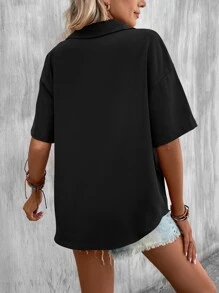 SHEIN LUNE 素色落肩袖前紐扣襯衫 - 黑色 - 查看 2