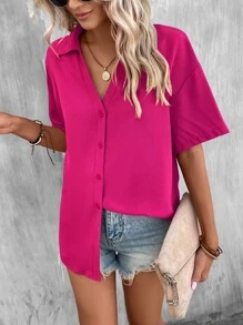 SHEIN LUNE Áo sơ mi nữ Nút phía trước màu trơn Giải trí - Màu Hồng Tươi - Xem 3