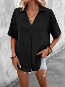 SHEIN LUNE 素色落肩袖前紐扣襯衫 - 黑色 - 查看 4