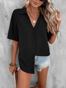 SHEIN LUNE 素色落肩袖前紐扣襯衫 - 黑色 - 查看 5