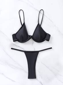 夏季纯色比基尼套装带钢圈文胸和丁字裤泳裤两件套泳衣 - 黑色 - 查看 4