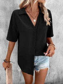 SHEIN LUNE 素色落肩袖前紐扣襯衫 - 黑色 - 查看 6