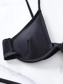 夏季纯色比基尼套装带钢圈文胸和丁字裤泳裤两件套泳衣 - 黑色 - 查看 5