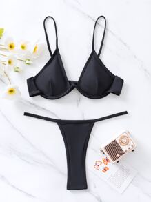 夏季纯色比基尼套装带钢圈文胸和丁字裤泳裤两件套泳衣 - 黑色 - 查看 6