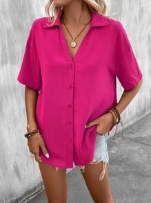 SHEIN LUNE Áo sơ mi nữ Nút phía trước màu trơn Giải trí - Màu Hồng Tươi - Xem 6