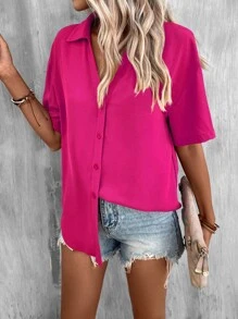 SHEIN LUNE Áo sơ mi nữ Nút phía trước màu trơn Giải trí - Màu Hồng Tươi - Xem 7