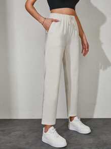 EURMUSE Solid Slant Pocket Drawstring Waist Trousers - Beige - View 4
