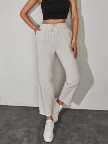 EURMUSE Solid Slant Pocket Drawstring Waist Trousers - Beige - View 5