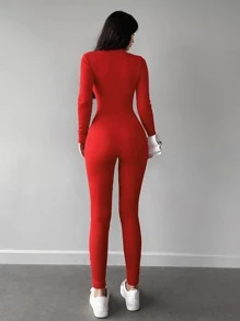 Cottnline Solid Zip Up Unitard - Red - View 2
