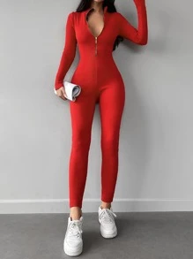 Cottnline Solid Zip Up Unitard - Red - View 3