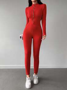 Cottnline Solid Zip Up Unitard - Red - View 4