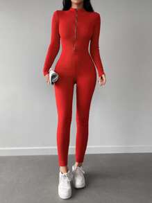 Cottnline Solid Zip Up Unitard - Red - View 5