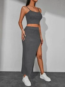 EURMUSE Solid Cami Top & Split Thigh Skirt - Màu xám đen - Xem 4