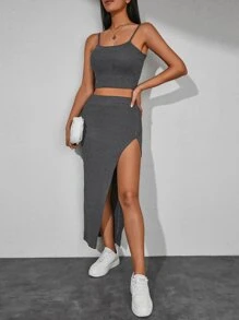 EURMUSE Solid Cami Top & Split Thigh Skirt - Màu xám đen - Xem 5