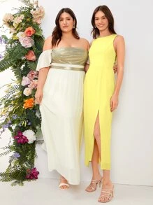 SHEIN Belle 素色1入組高衩伴娘洋裝 - 黃色 - 查看 2