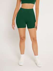 SHEIN BASICS 1pc Solid High Waist Cycling Shorts - Dark Green - View 1