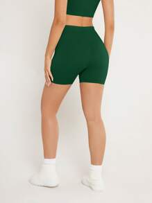 SHEIN BASICS 1pc Solid High Waist Cycling Shorts - Dark Green - View 5