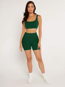 SHEIN BASICS 1pc Solid High Waist Cycling Shorts - Dark Green - View 3