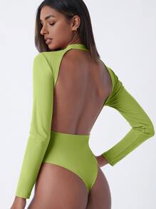SHEIN BASICS Mock-Neck Open Back Bodysuit - Lime Green - View 1